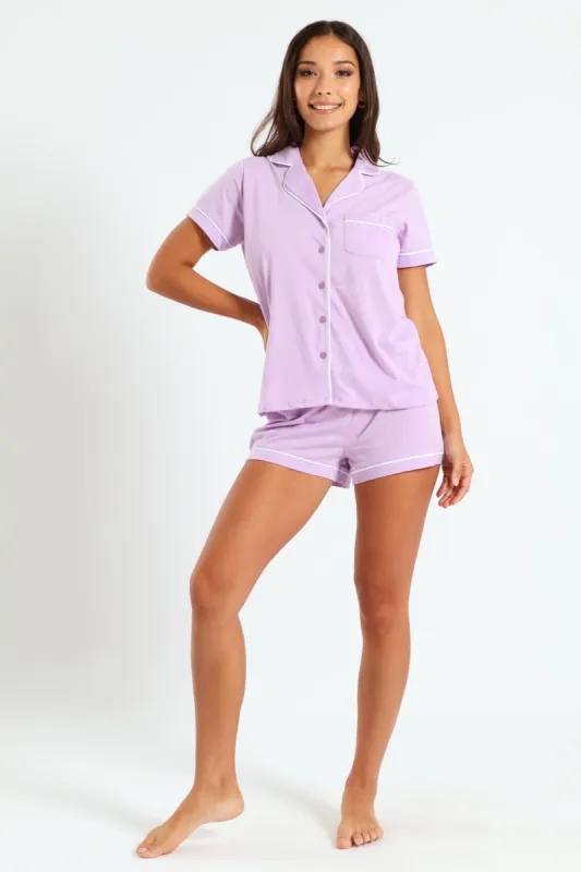 Button Through Knit Short Set - Purple sold by Edgars