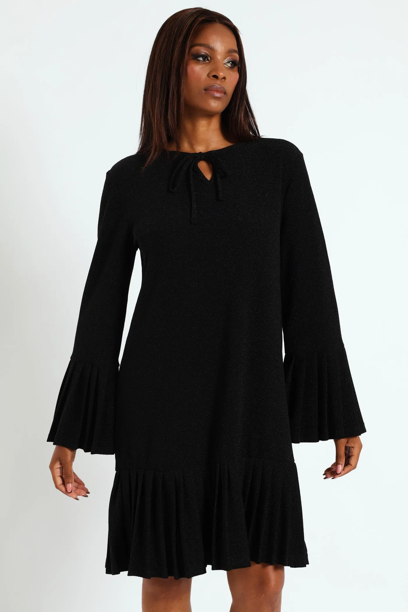 Tie Front Pleated Frill Hem Shimmer Dress - Black sold by Edgars