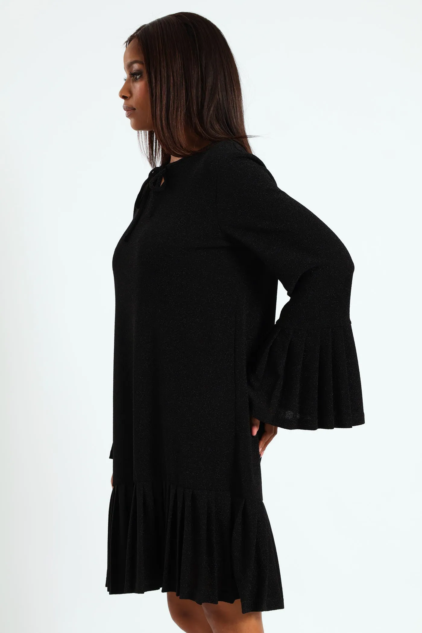 Tie Front Pleated Frill Hem Shimmer Dress - Black sold by Edgars product image thumbnail 4