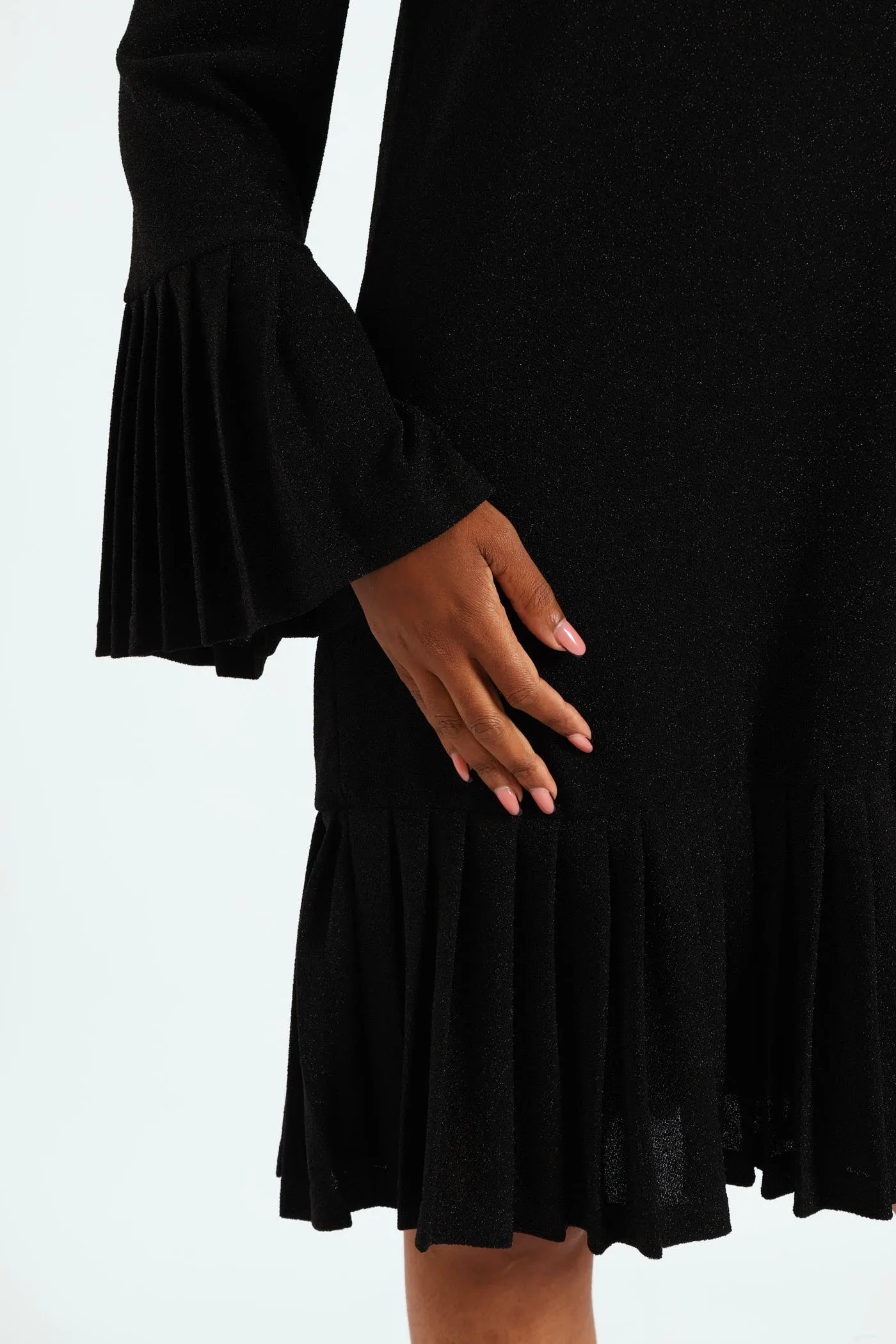 Tie Front Pleated Frill Hem Shimmer Dress - Black sold by Edgars product image thumbnail 2