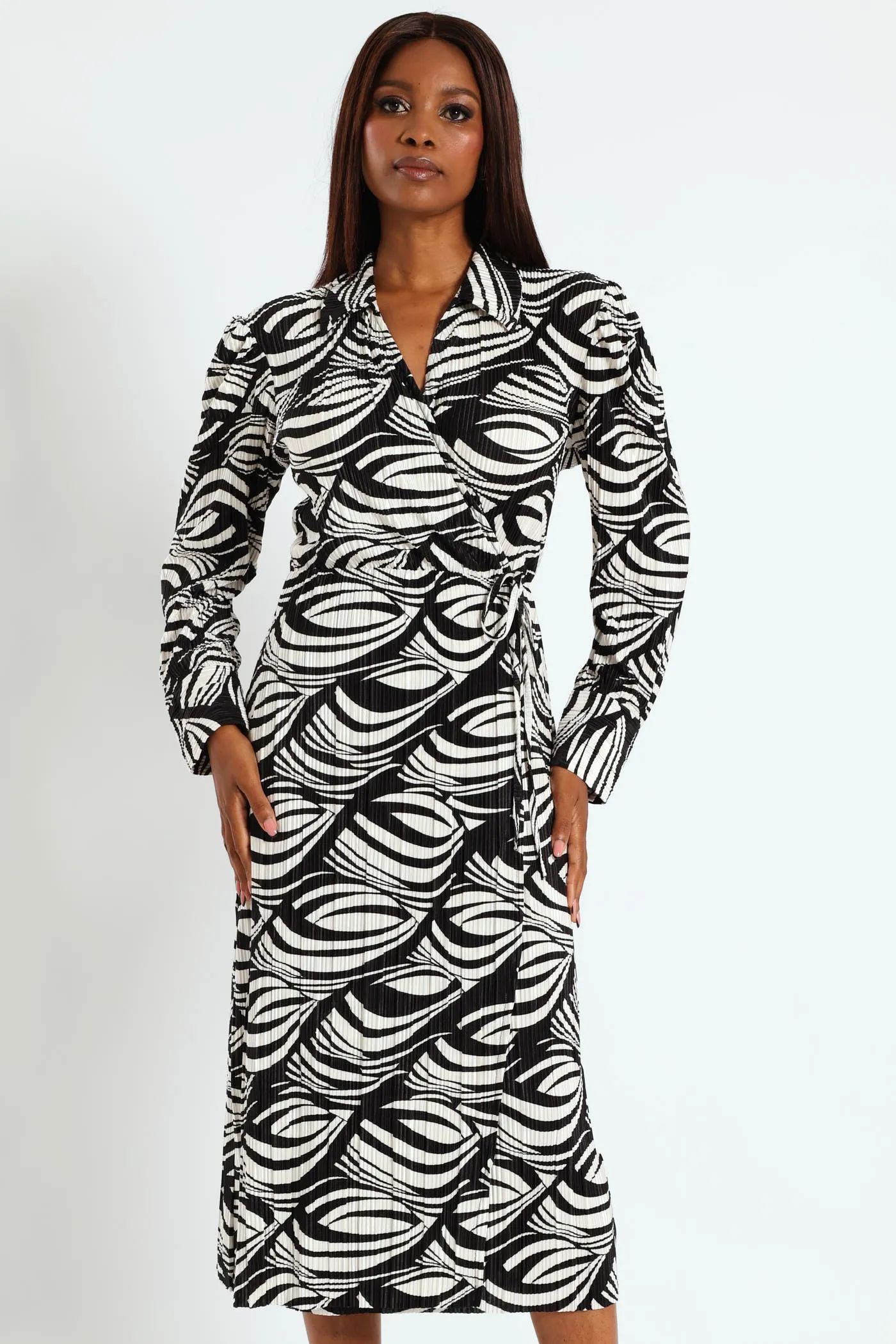 Collared Mock Wrap Plisse Midi Dress - Cream sold by Edgars