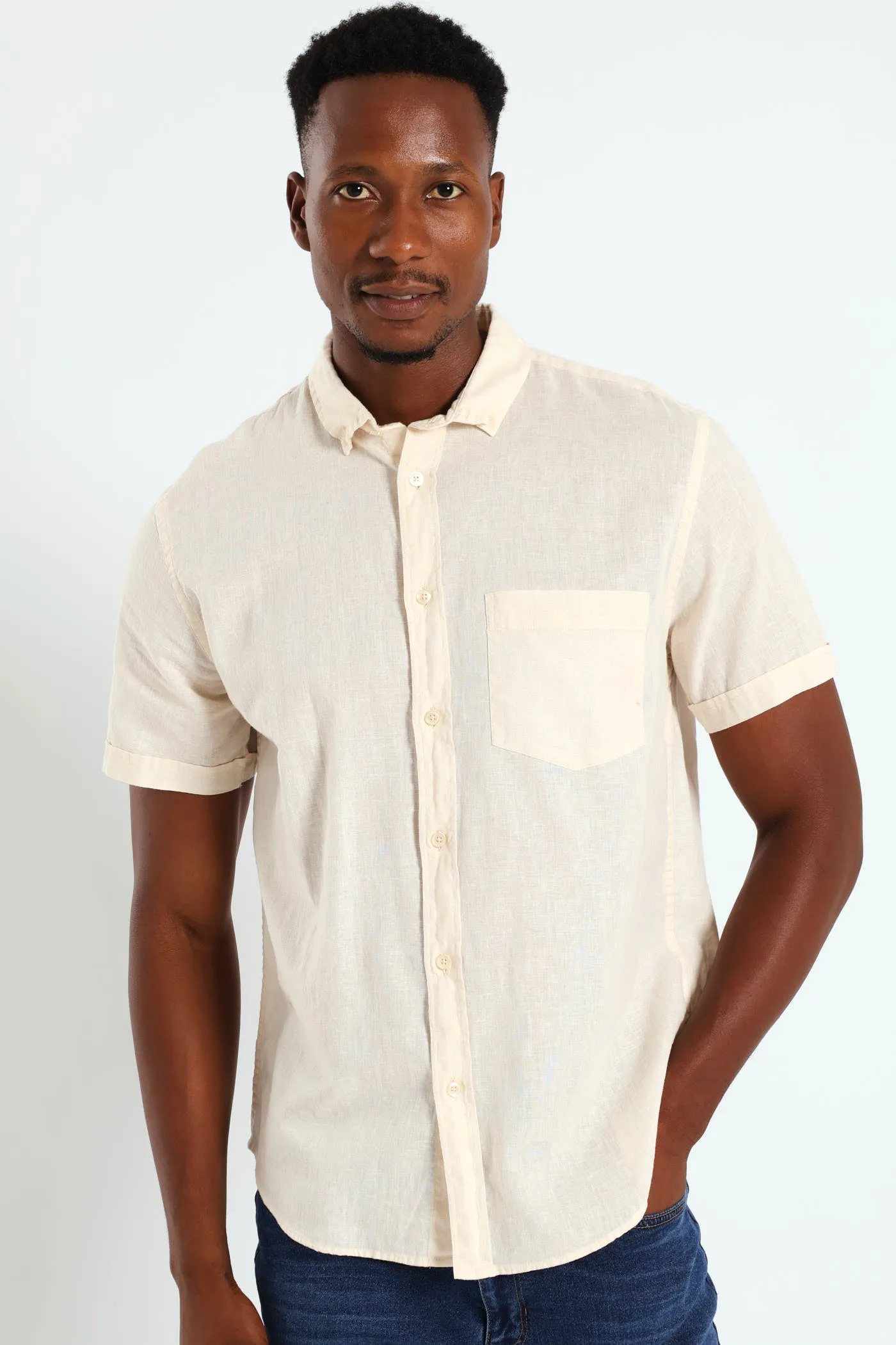Buttondown Cotton Linen Slub Shirt - Stone sold by Edgars