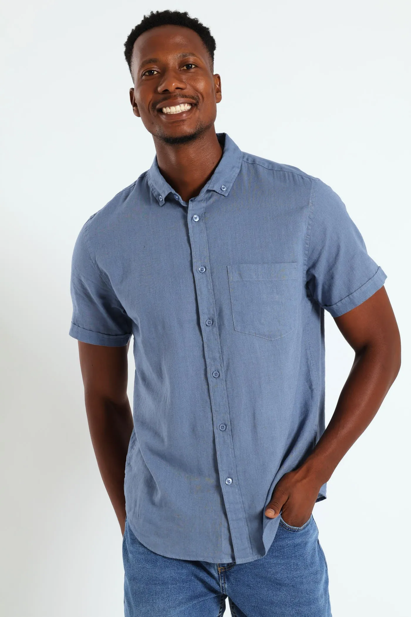 Buttondown Cotton Linen Slub Shirt - Blue sold by Edgars