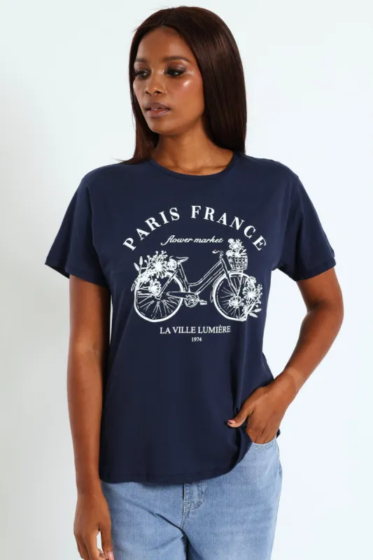 Paris France Bicycle Tee - Midnight Blue sold by Edgars