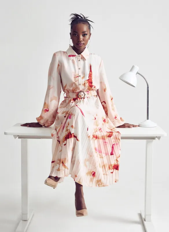 Belted Pleated Shirt Maxi Dress - Cream sold by Edgars