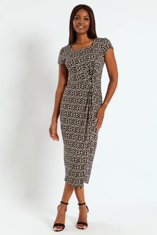 Knot Detail Slinky Midi Dress - Black/Beige sold by Edgars