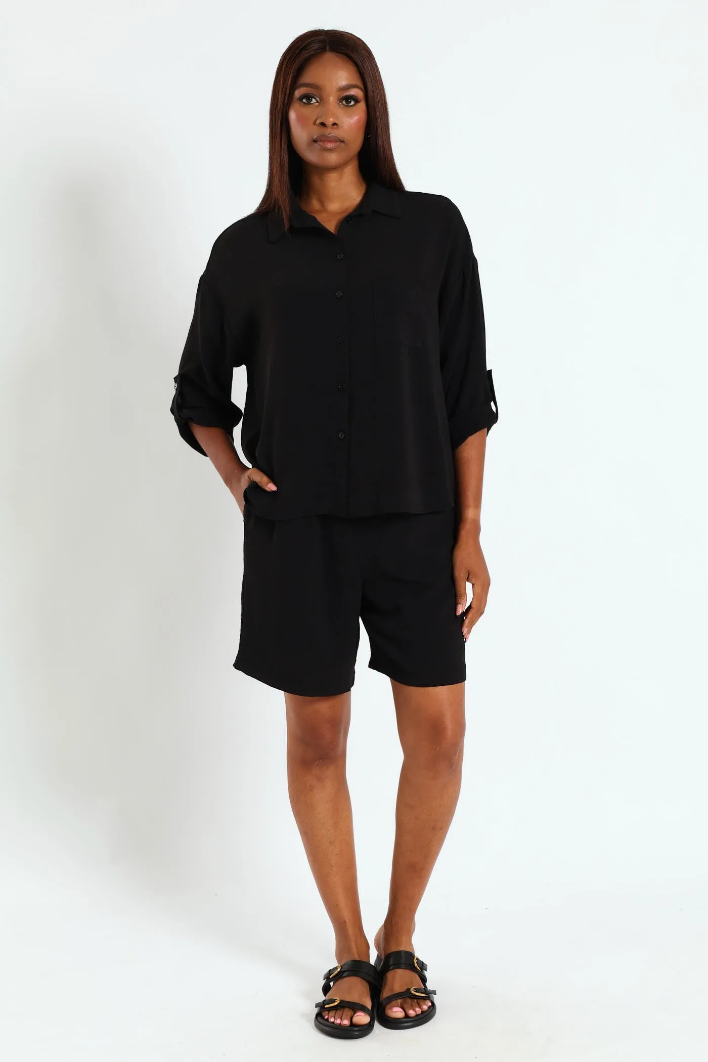Tab & Button Detail Long Sleeve Relaxed Shirt - Black sold by Edgars