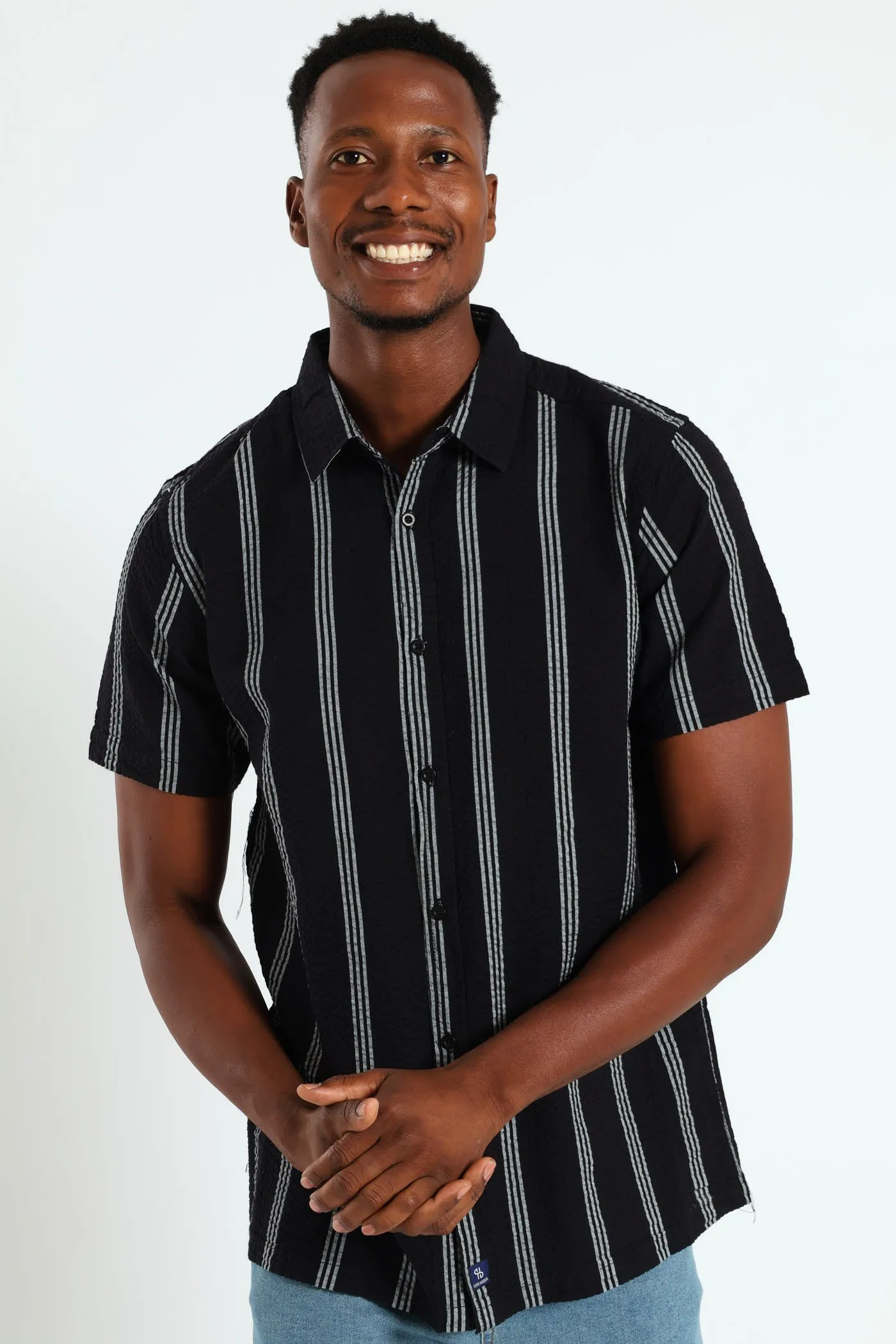 Seersucke Regular Collar Stripe Shirt - Black/White sold by Edgars