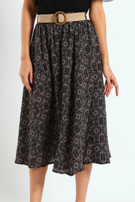 Rafia Belted Pleated Midi Skirt - Black/Beige sold by Edgars