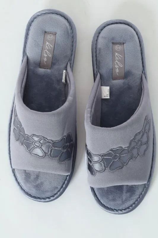 Quilted Open Toe Slipper With Flower Detail - Grey sold by Edgars 
