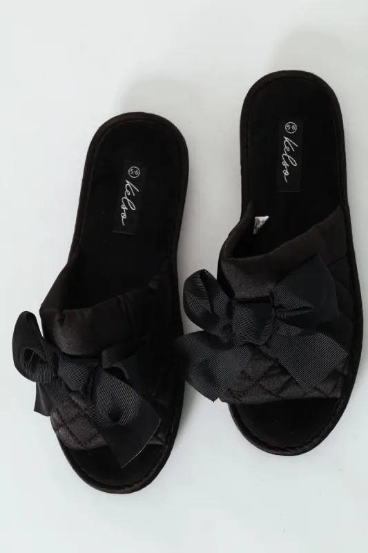 Quilted Open Toe Slipper With Petersham Bow - Black sold by Edgars