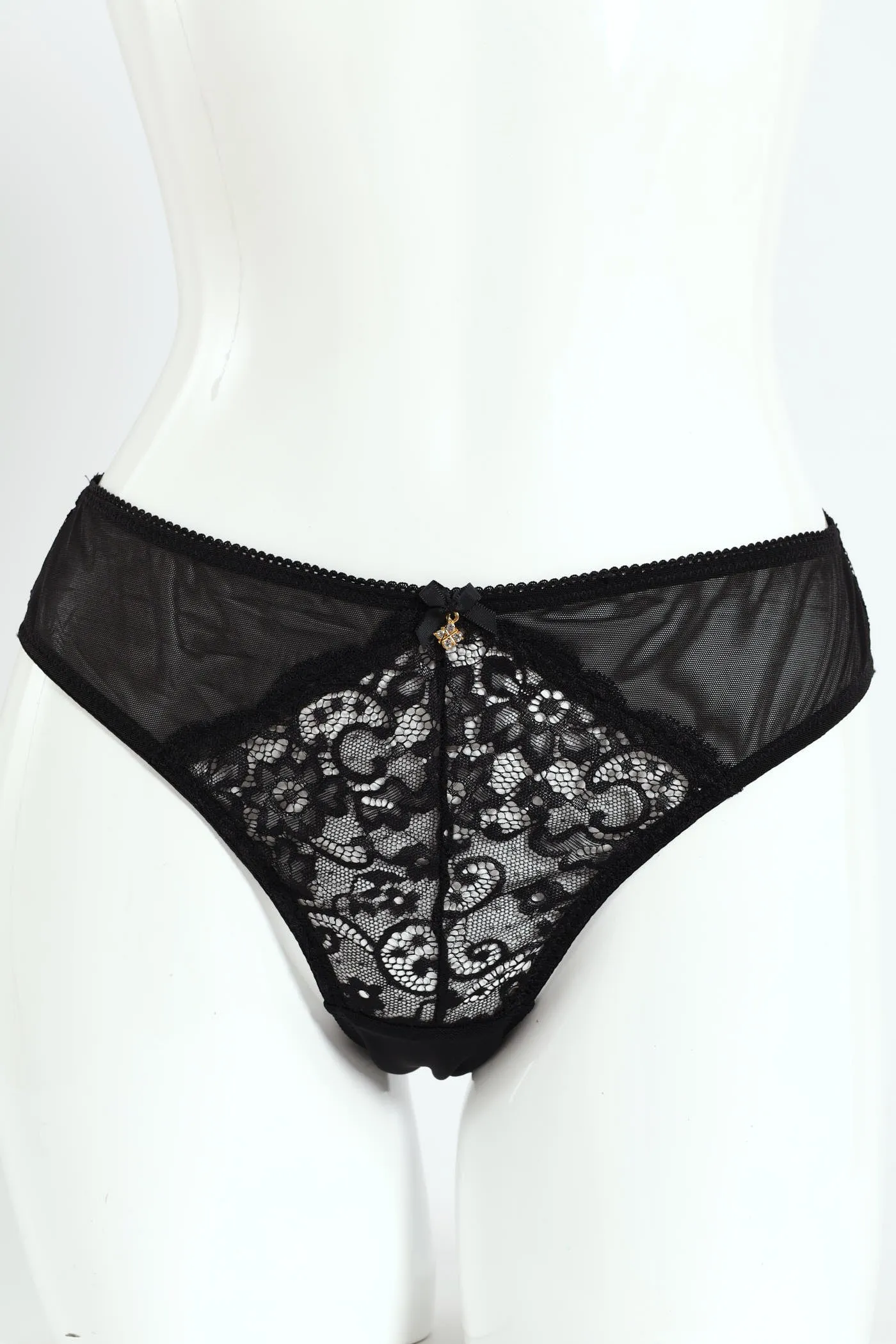 Mesh & Lace Brazilian Panty - Black sold by Edgars