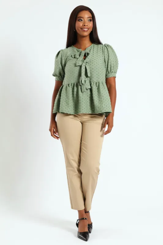 Puff Sleeve Dobby Peplum Top With Ties - Sage sold by Edgars