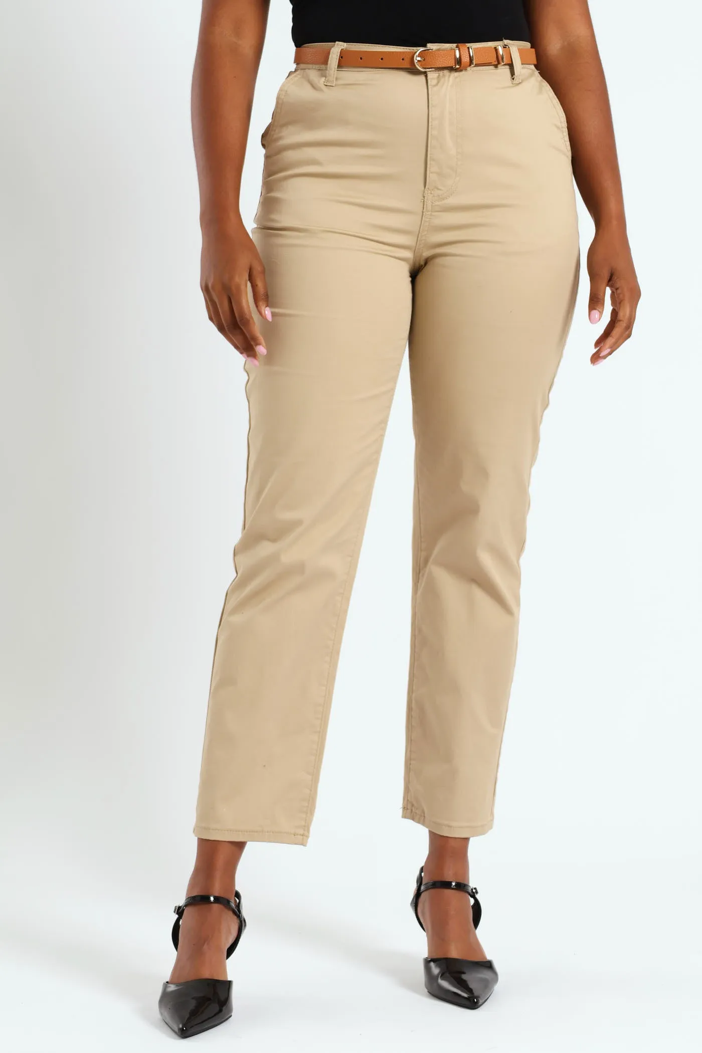 Belted Stretch Sateen Chino Pant - Stone sold by Edgars