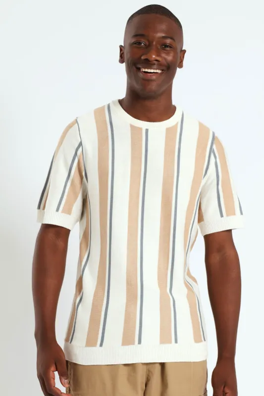 Stripe Knit Fine Gauge Crew Tee - Off White sold by Edgars
