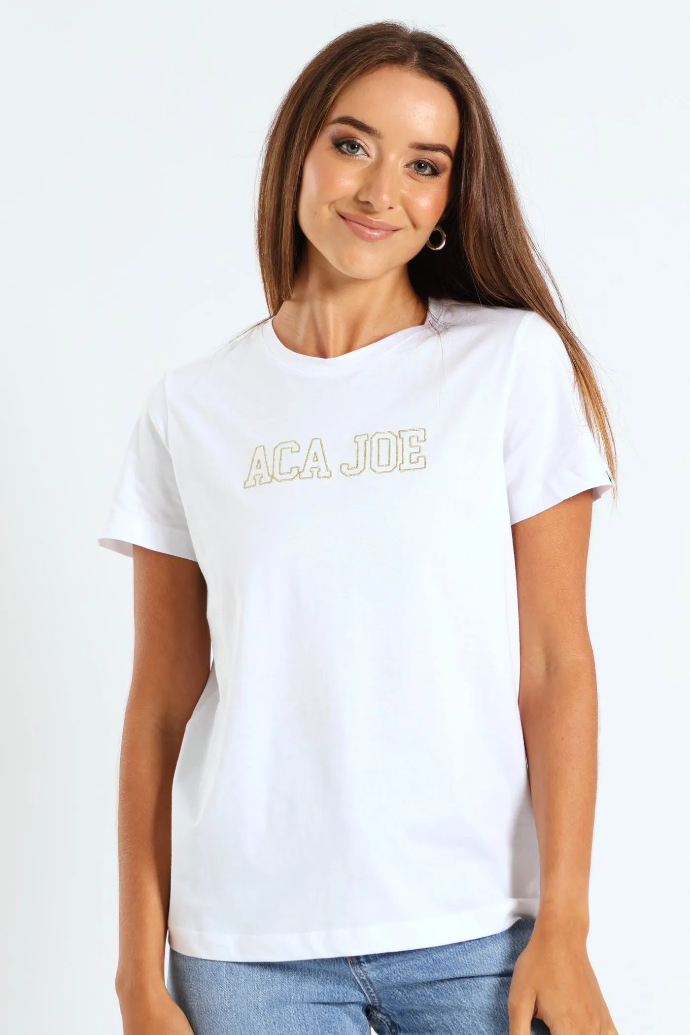 Gold Lurex Embroidery Crew Tee - White sold by Edgars