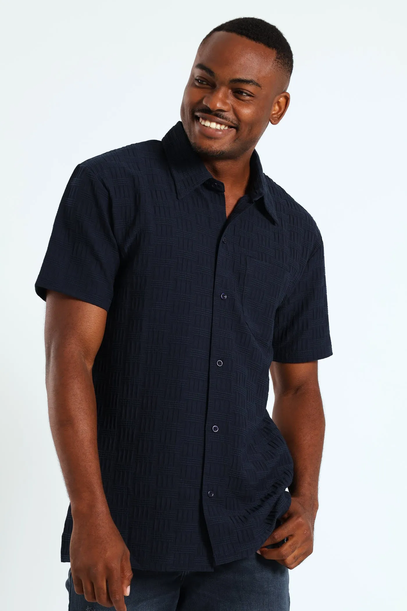Texture Button Through Shirt - Navy sold by Edgars