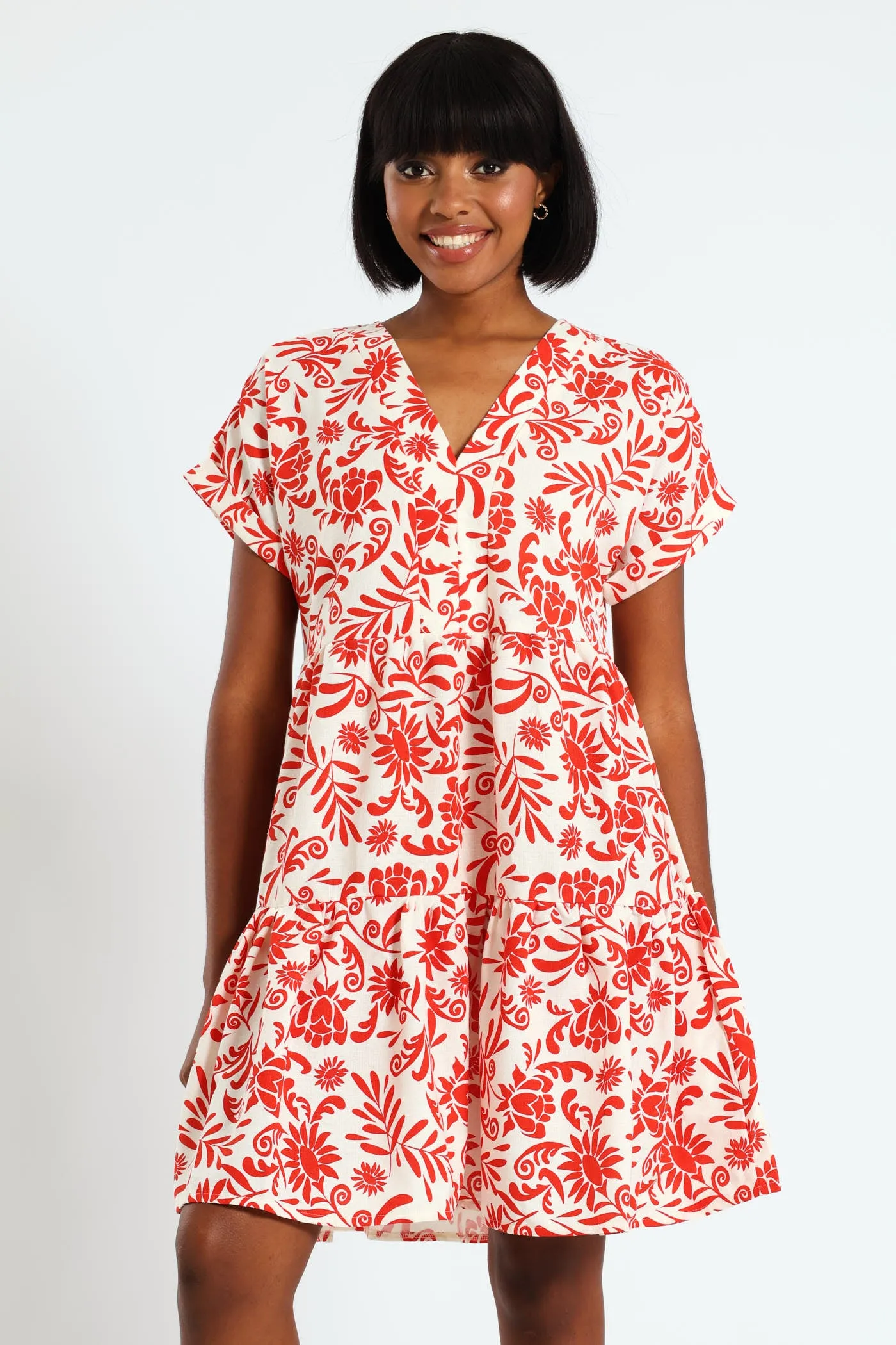 V-Neck Tiered Dress - White/Orange sold by Edgars