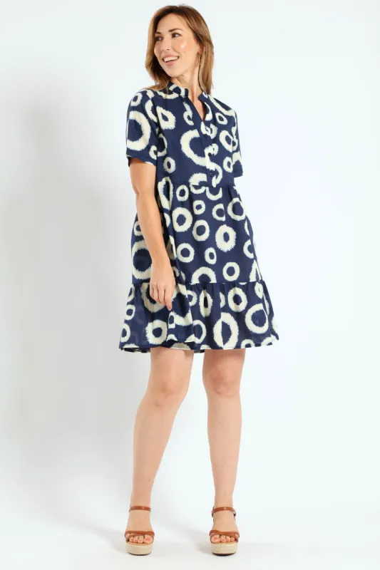 Half Placket Tiered Dress - White/Navy sold by Edgars