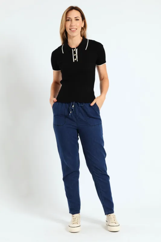 Ribbed Knitwear Golfer - Black/Cream sold by Edgars 