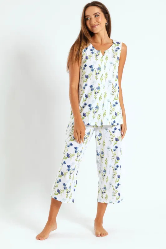 Blue Flower Button Through & Capri Knit Set  - White sold by Edgars