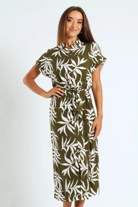 Belted Midi Shirt Dress - Fatigue/Cream sold by Edgars 