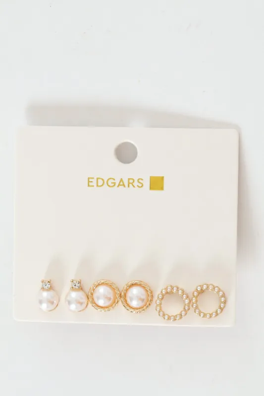 3 Pack Pearl Bead Stud Earrings - Gold sold by Edgars 
