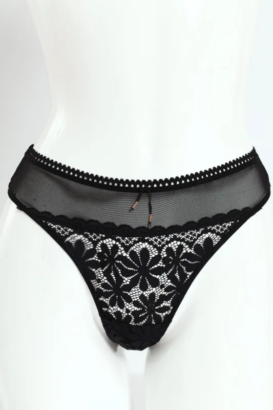 Lace & Mesh Thong Panty - Black sold by Edgars