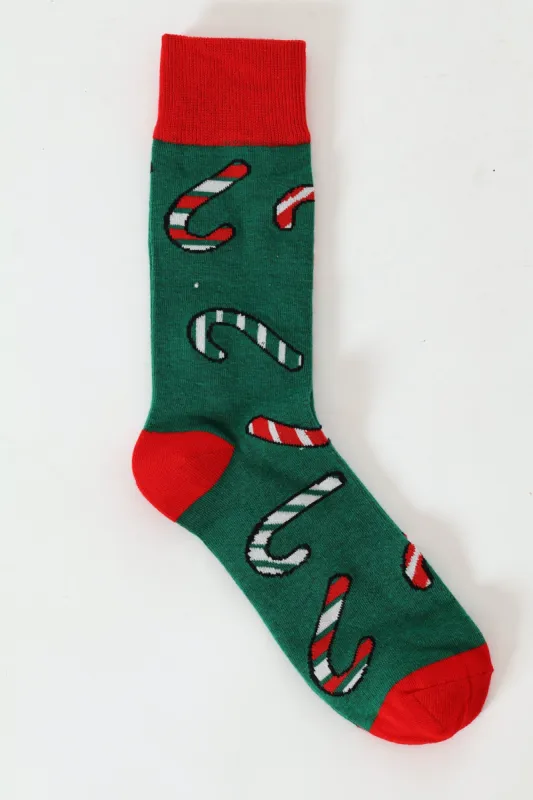 Single Candy Cane Christmas Socks - Green/Red sold by Edgars 