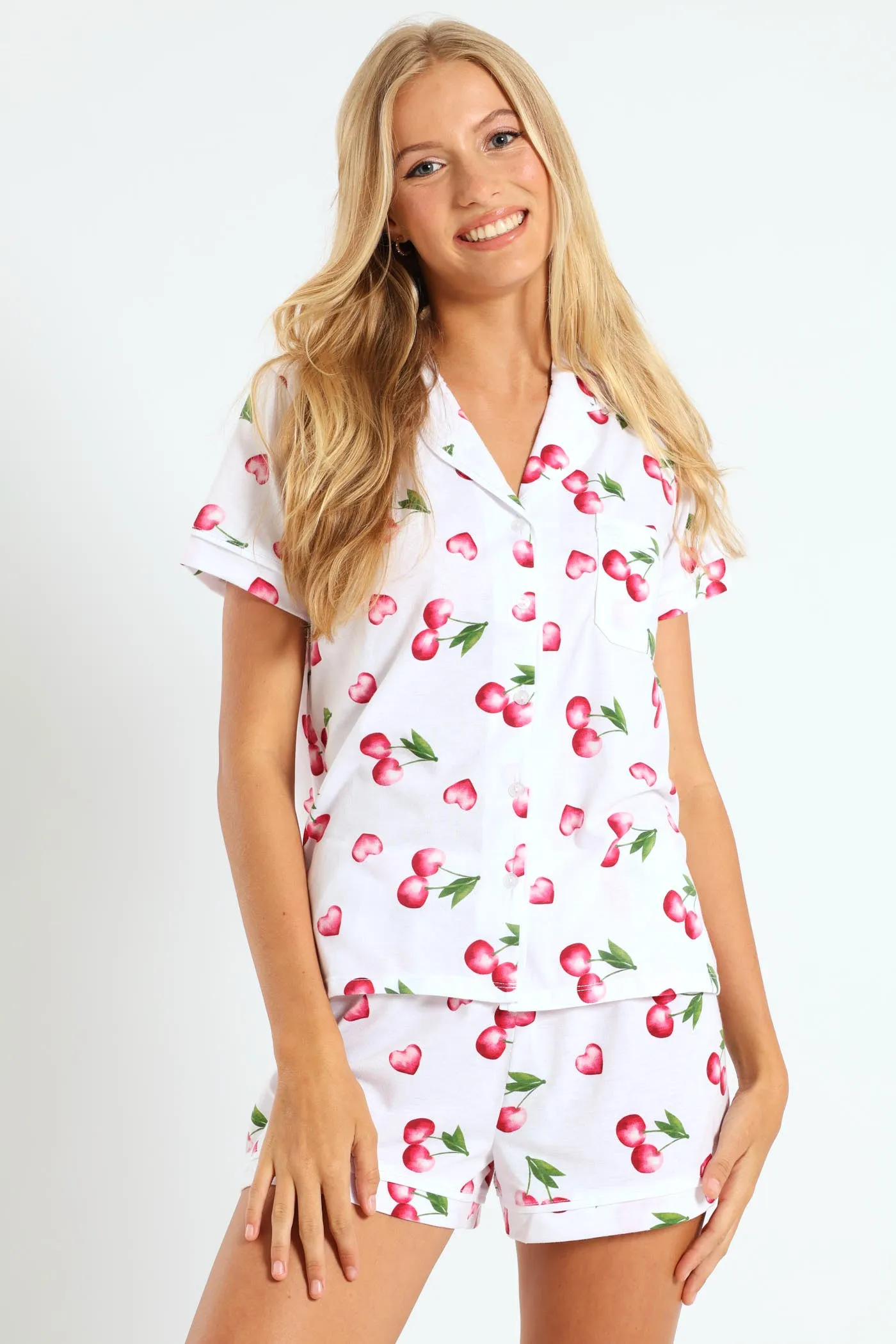 Cherry Hearts Button Through & Knit Short Set - White sold by Edgars