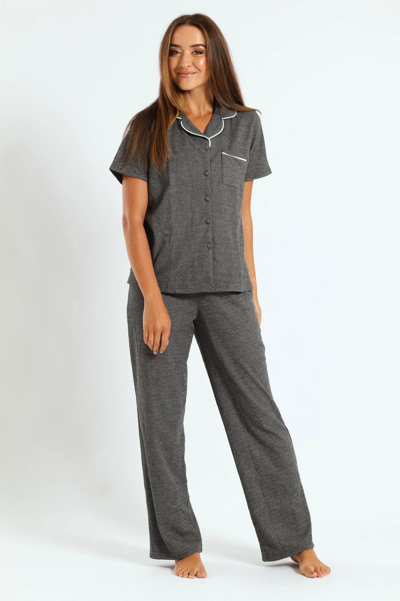 Button Through & Waffle Pant Set - Charcoal sold by Edgars