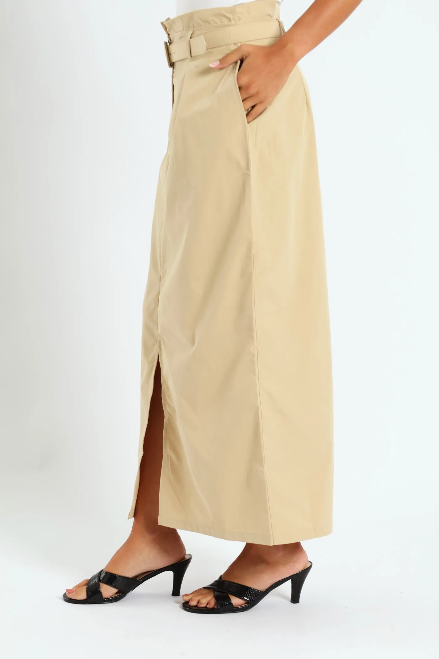 Belted Pleated Paperbag Maxi Pencil Skirt With Slit - Khaki sold by Edgars product image thumbnail 3