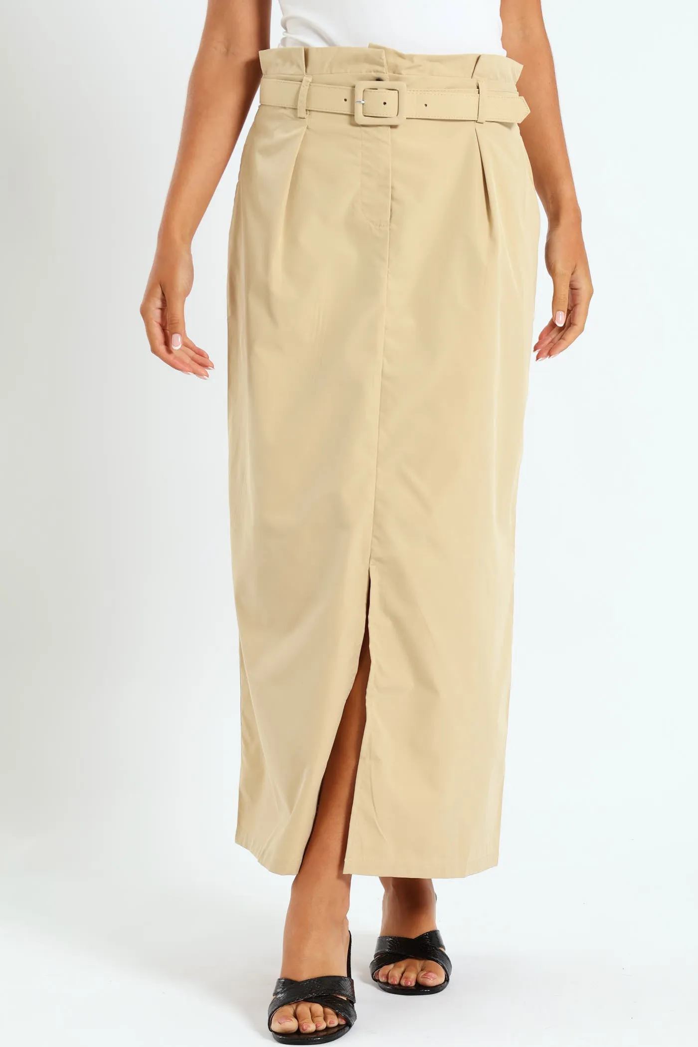 Belted Pleated Paperbag Maxi Pencil Skirt With Slit - Khaki sold by Edgars
