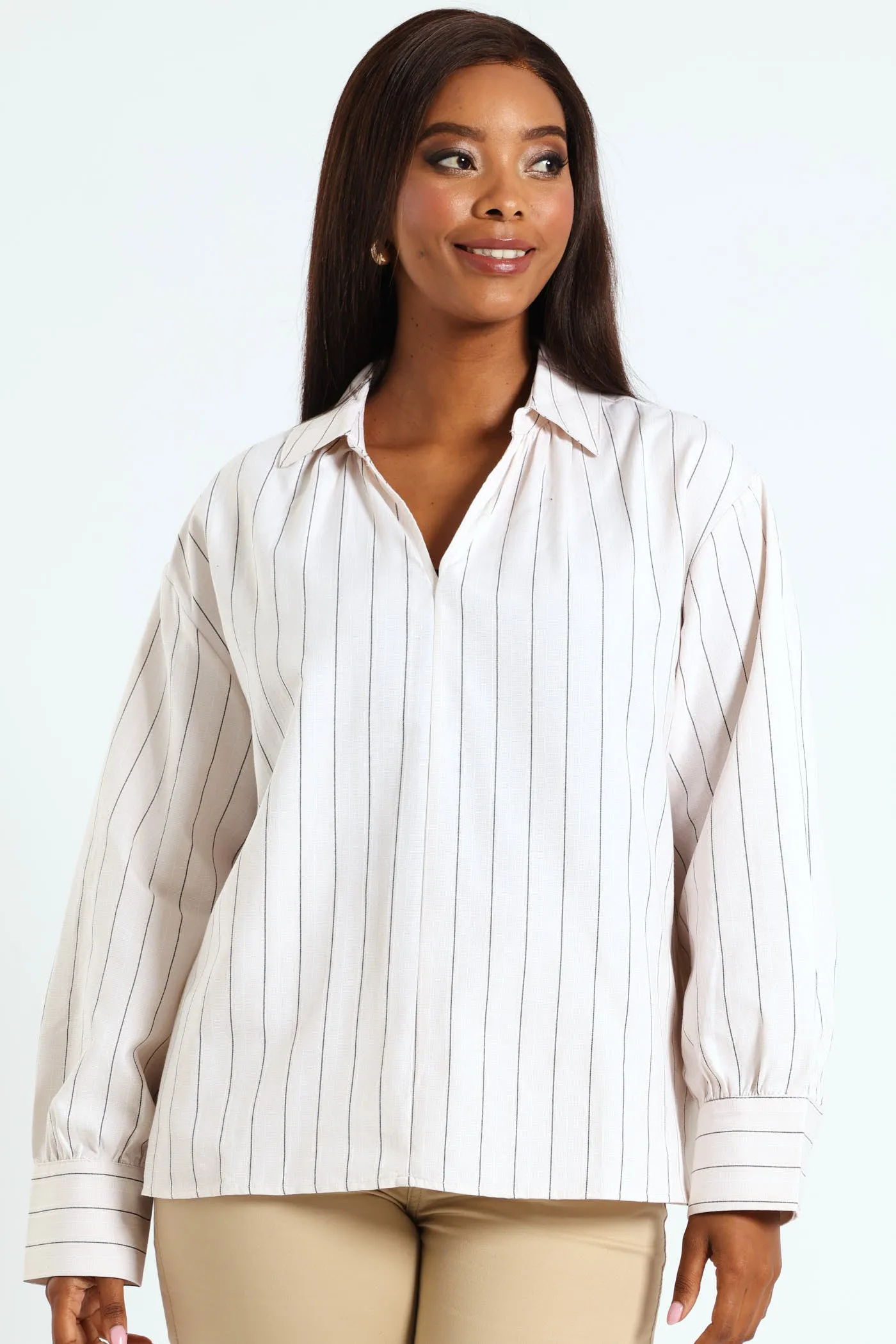 V-Neck Collared Striped Shirt - Beige/Black sold by Edgars product image thumbnail 3