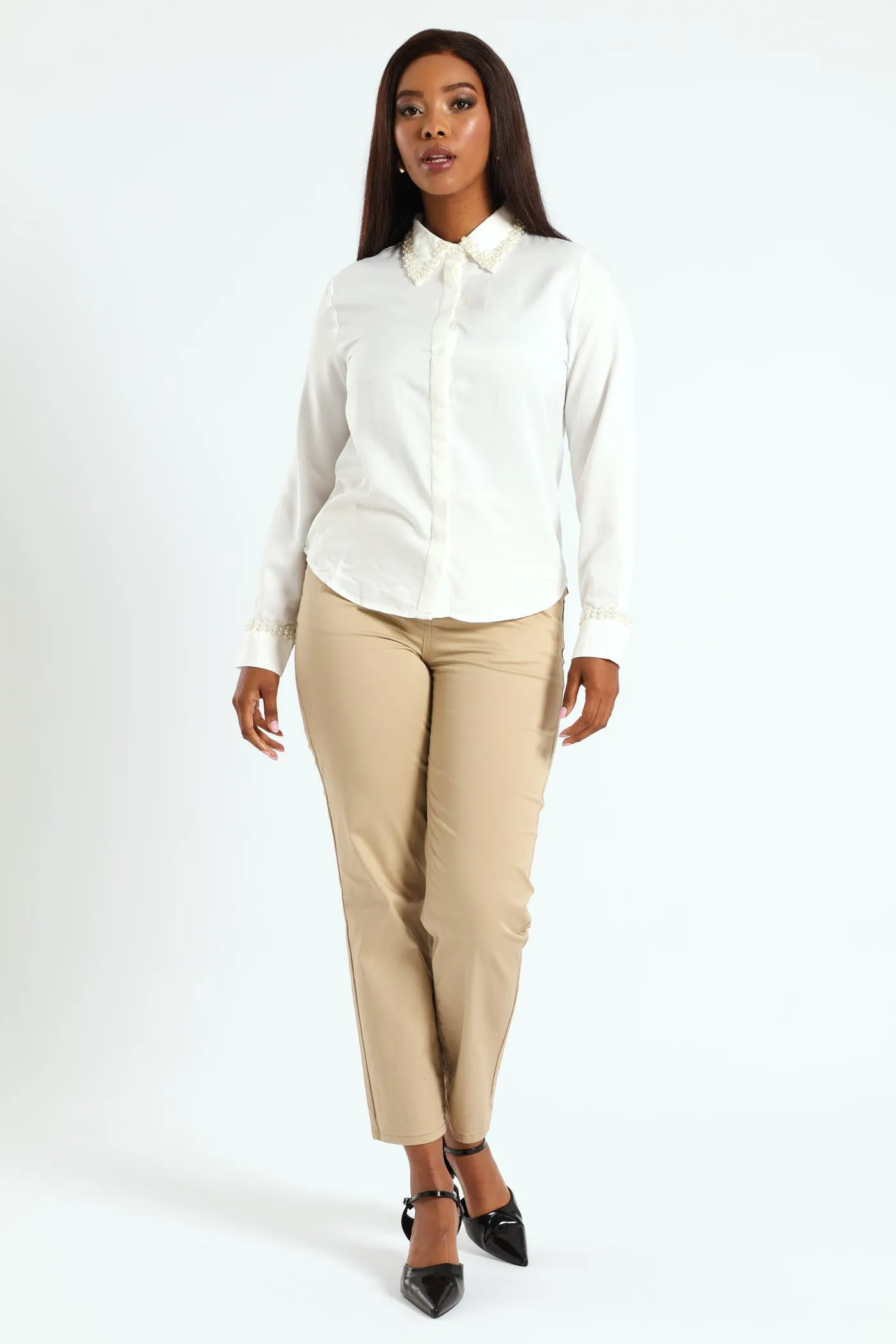 Pearl Collared Satin Shirt - Cream sold by Edgars