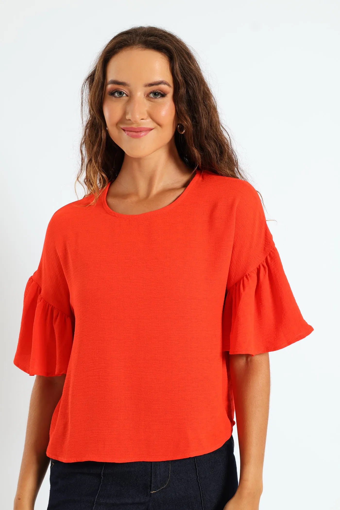 Oversized Frill Sleeve Boxy Top - Bright Orange sold by Edgars
