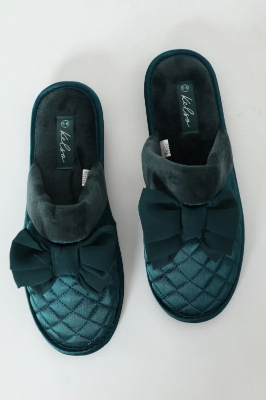 Big Bow With Fur Topline Quilted Slipper - Teal sold by Edgars 