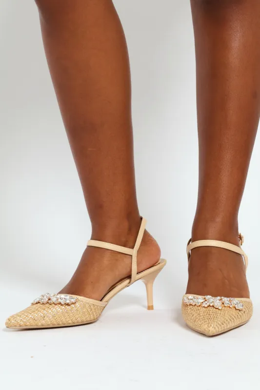 Plain Strap Flower Crystal Trim Mule Heel - Gold sold by Edgars