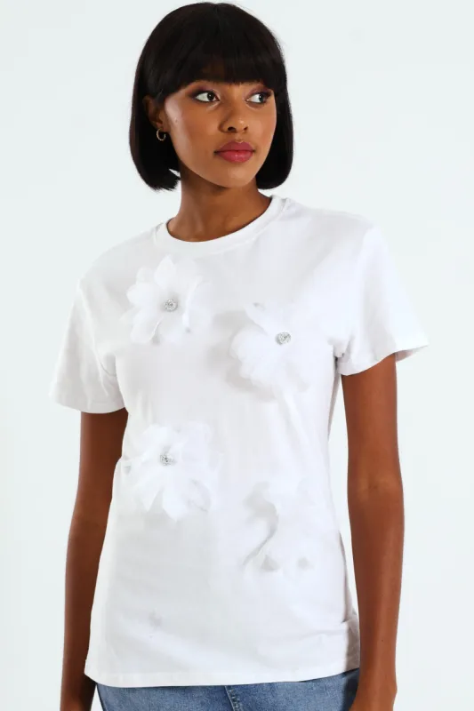 3D Flower Applique Oversized Tee - White sold by Edgars 