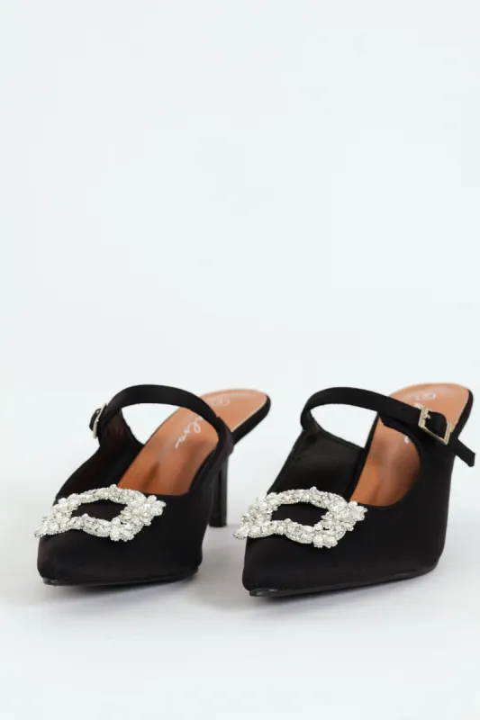 Circle Diamante Trim Pointy Kitten Mule Heel - Black sold by Edgars