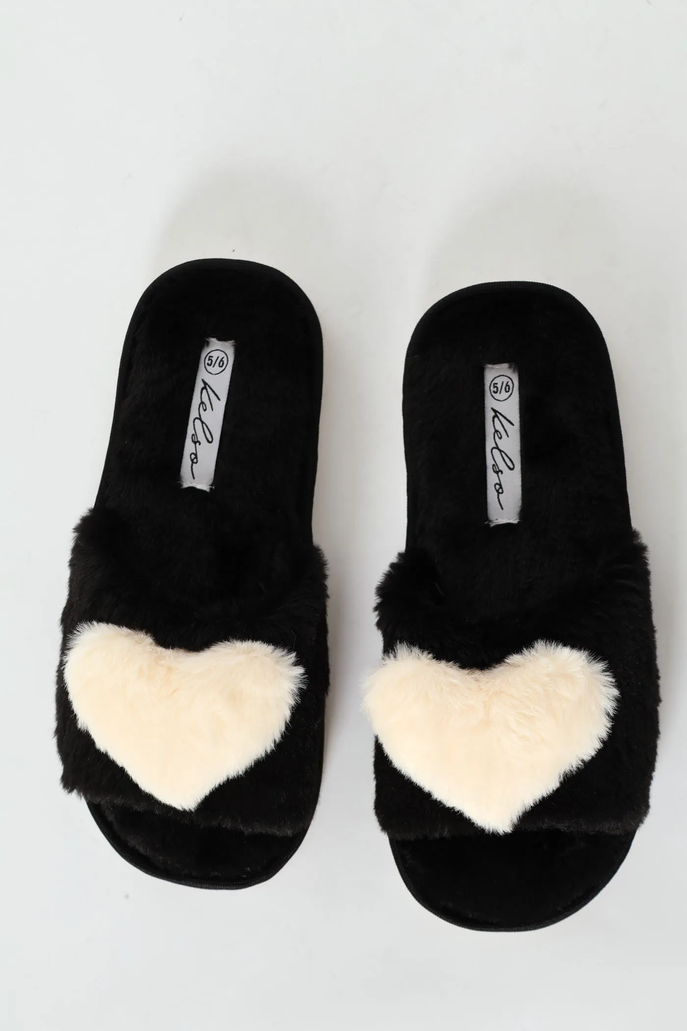 Big Fur Heart Open Toe Slipper - Black/Beige sold by Edgars