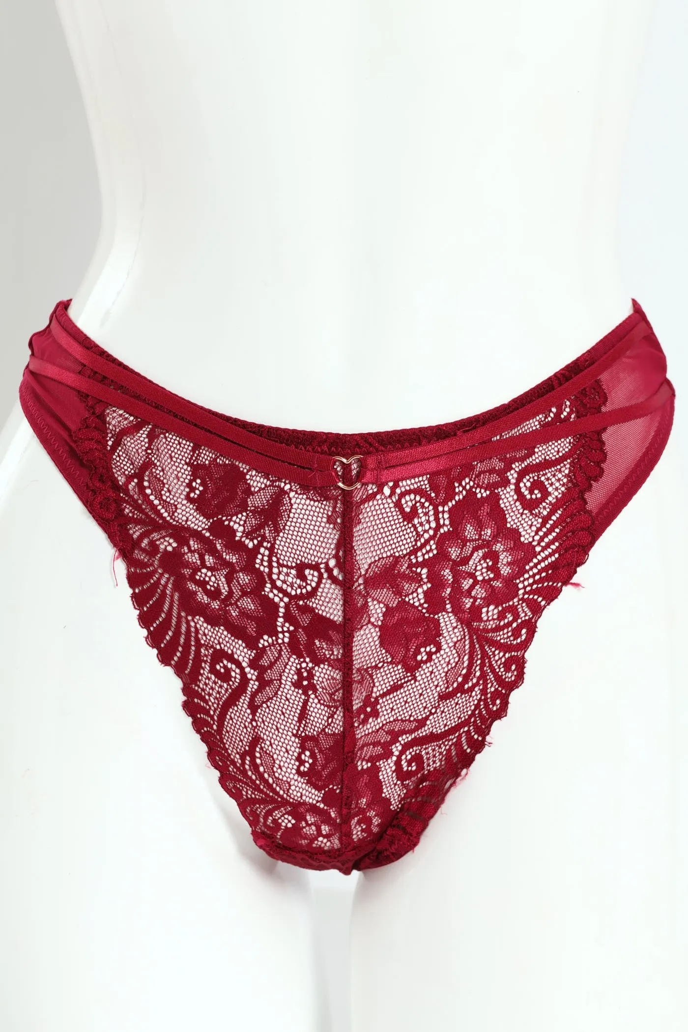 Heart Lace & Mesh Thong Panty - Wine sold by Edgars