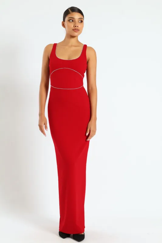 V-Neck Maxi Dress With Trim - Red sold by Edgars 