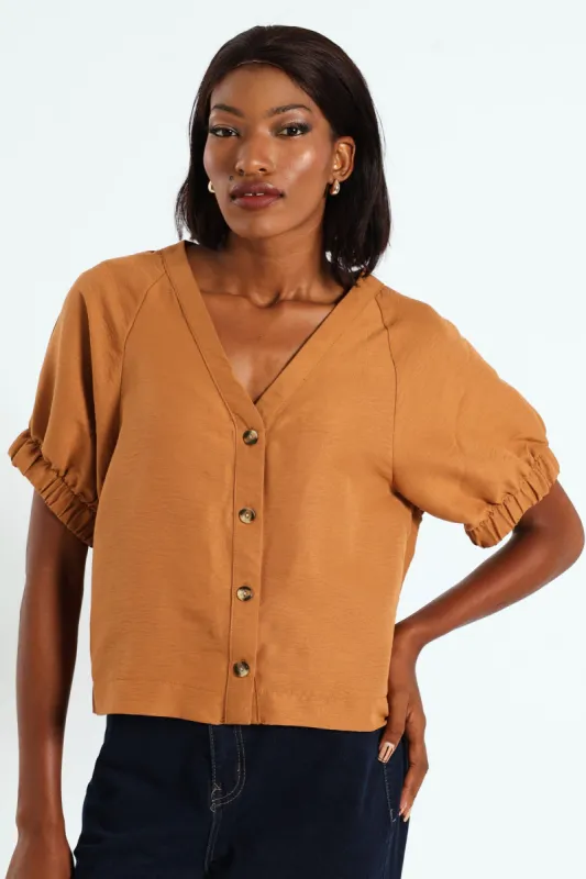 Raglan Puff Sleeve Button Through Blouse - Tobacco sold by Edgars