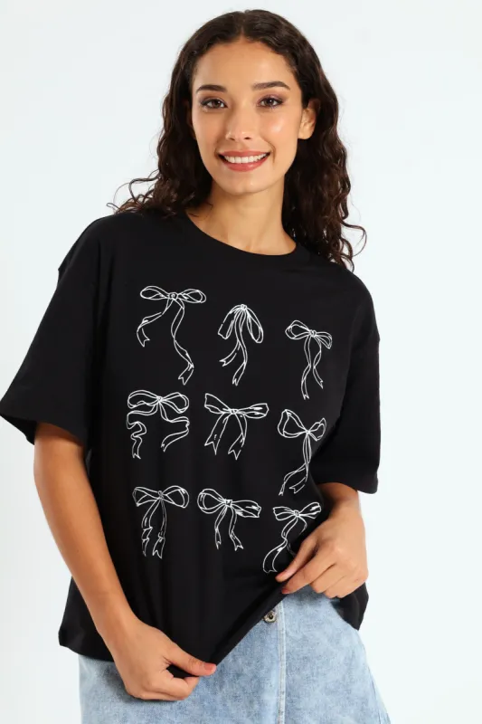 Oversized Bow Printed Tee - Black sold by Edgars 