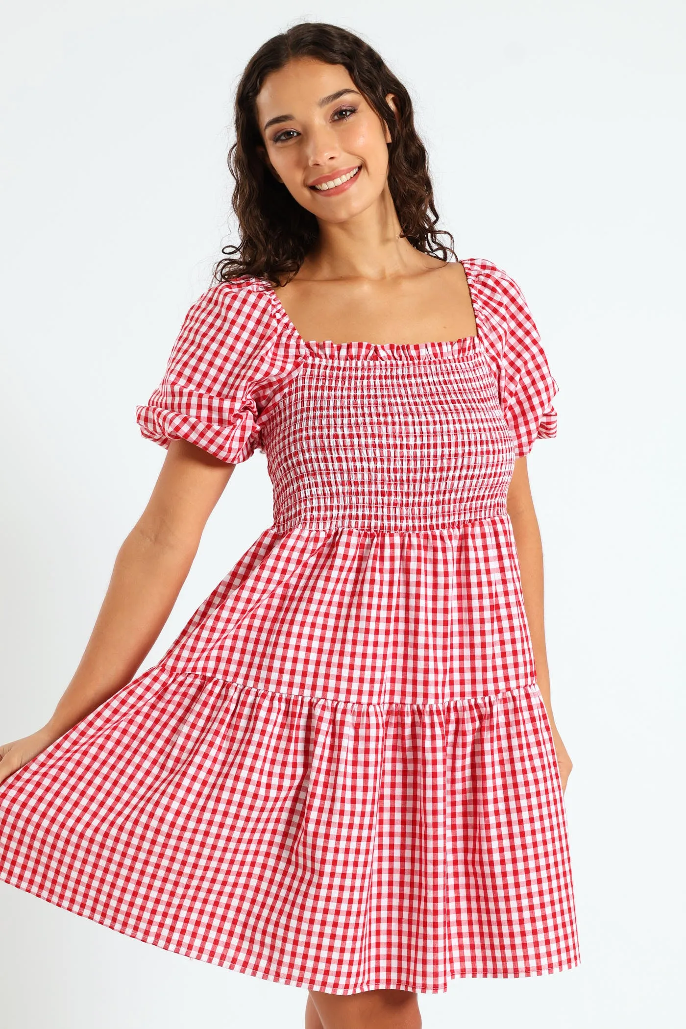Gingham Puff Sleeve Mini Dress - Red sold by Edgars