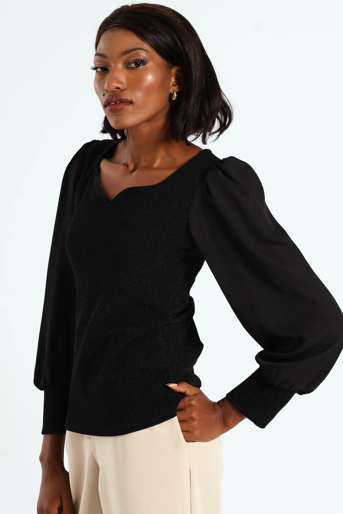 Sweetheart Neckline Shimmer Combo Blouse - Black sold by Edgars product image thumbnail 2