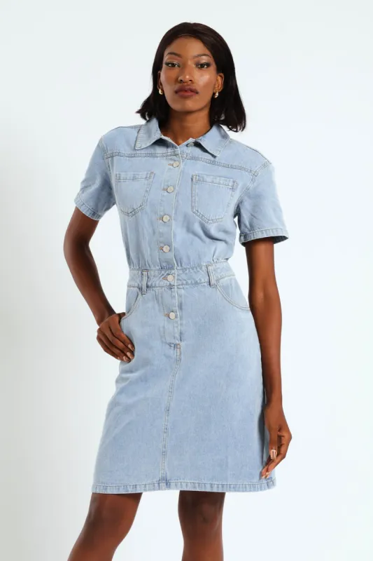 Half Placket Utility Denim Mini Dress - Light Wash sold by Edgars