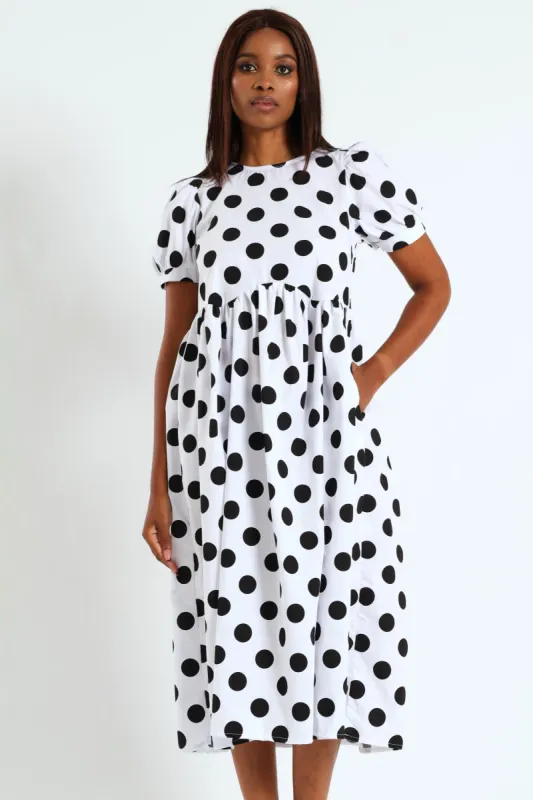 Puff Sleeve Polka Dot Poplin Midaxi Dress - White/Black sold by Edgars 