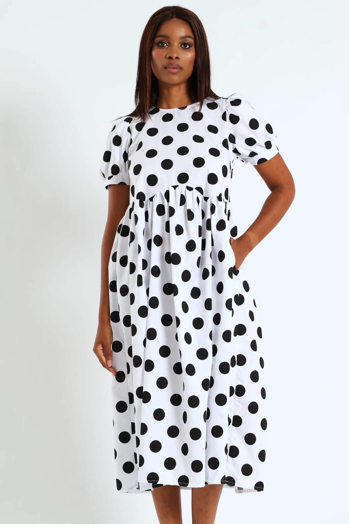 Puff Sleeve Polka Dot Poplin Midaxi Dress - White/Black sold by Edgars